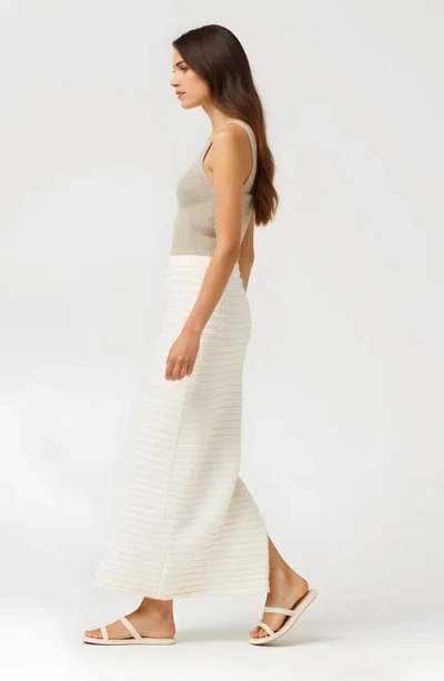Modenaire Textured Knit Midi Skirt With Ribbed Stripe Pattern And Back Slit In White
