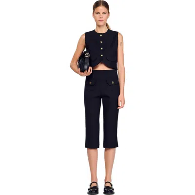 Sandro Womens Black Round-neck Button-down Sleeveless Stretch-woven Crop Top