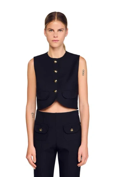 Sandro Womens Black Round-neck Button-down Sleeveless Stretch-woven Crop Top