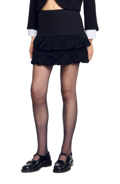 Sandro Mini Ruched Ruffle Skirt In Black