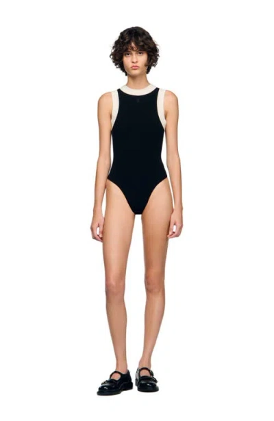 Sandro Womens Black Monogram-embroidered Contrast-trim Woven Bodysuit In Black
