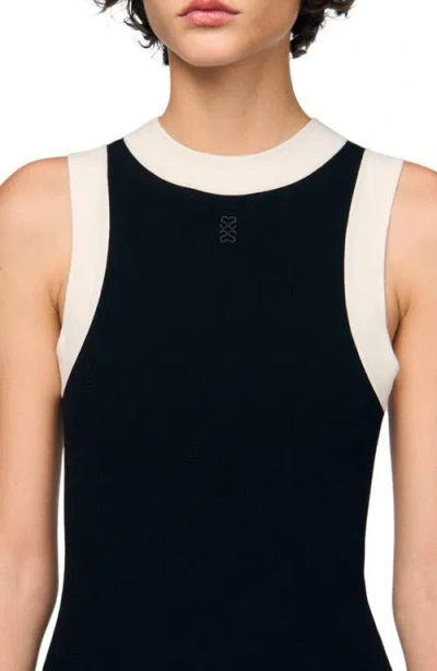 Sandro Womens Black Monogram-embroidered Contrast-trim Woven Bodysuit In Black