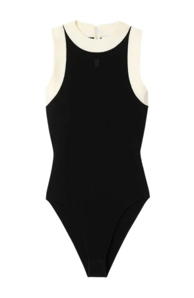 Sandro Womens Black Monogram-embroidered Contrast-trim Woven Bodysuit In Black