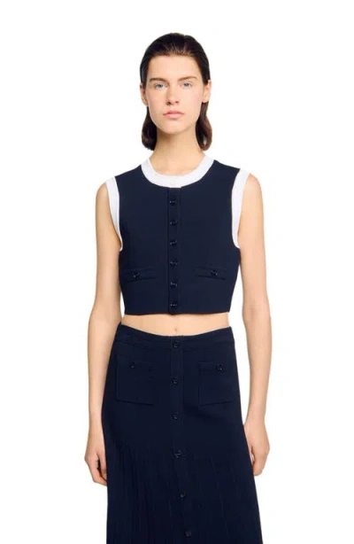 Sandro Two-tone Cropped Cardigan In Blue