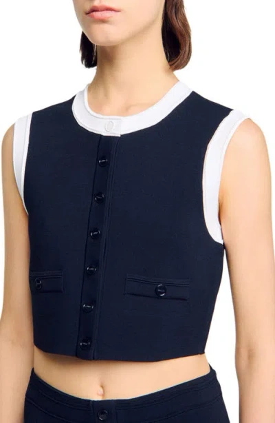 Sandro Two-tone Cropped Cardigan In Blue