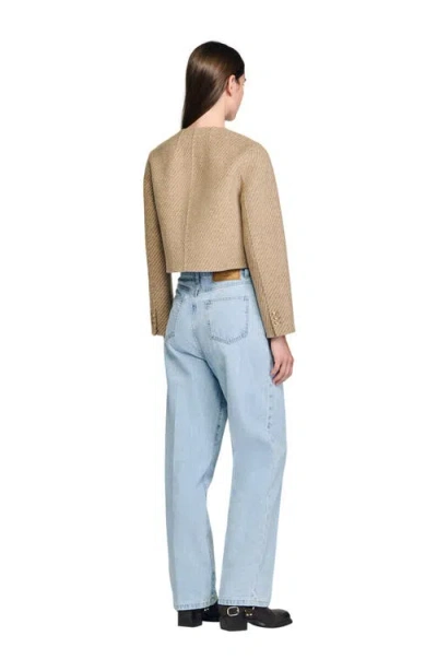 Sandro Womens Beige Patch-pocket Button-down Cropped Wool-blend Jacket In Brown