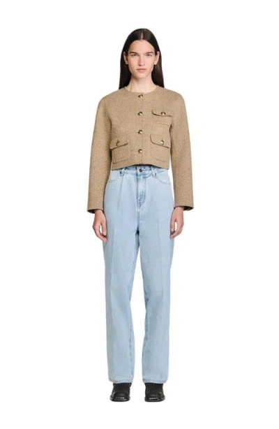 Sandro Womens Beige Patch-pocket Button-down Cropped Wool-blend Jacket In Brown