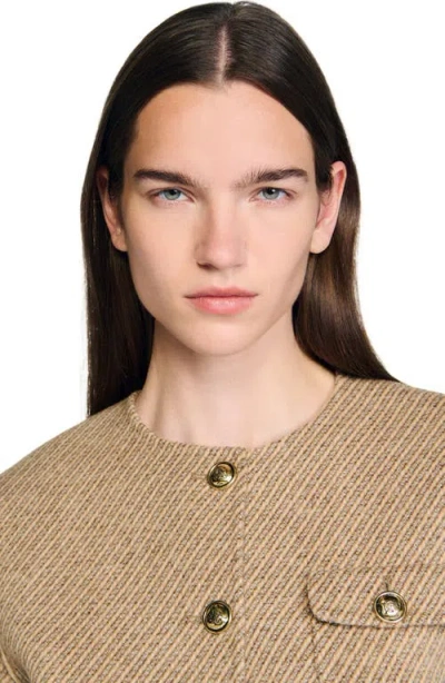 Sandro Womens Beige Patch-pocket Button-down Cropped Wool-blend Jacket In Brown