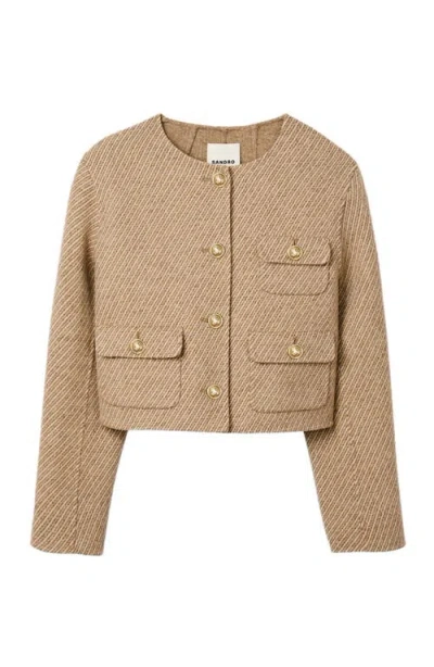 Sandro Womens Beige Patch-pocket Button-down Cropped Wool-blend Jacket In Brown