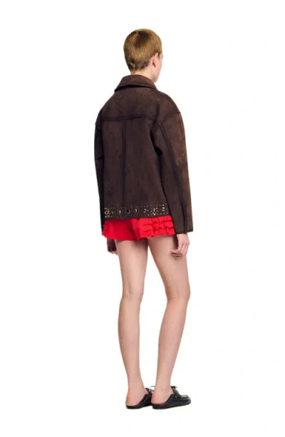 Sandro Studded Suede Leather Jacket In Brown
