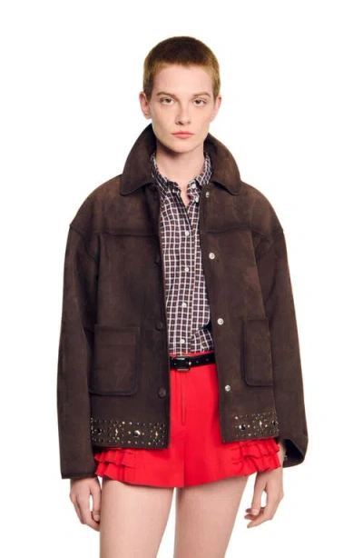 Sandro Studded Suede Leather Jacket In Brown