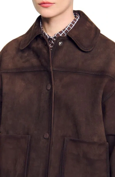 Sandro Studded Suede Leather Jacket In Brown
