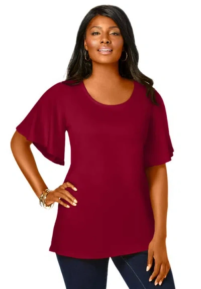 Jessica London Stretch Knit Flutter Sleeve Tunic In Burgundy