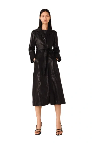 Maje Womens Long Belted-waist Leather Trench Coat Black
