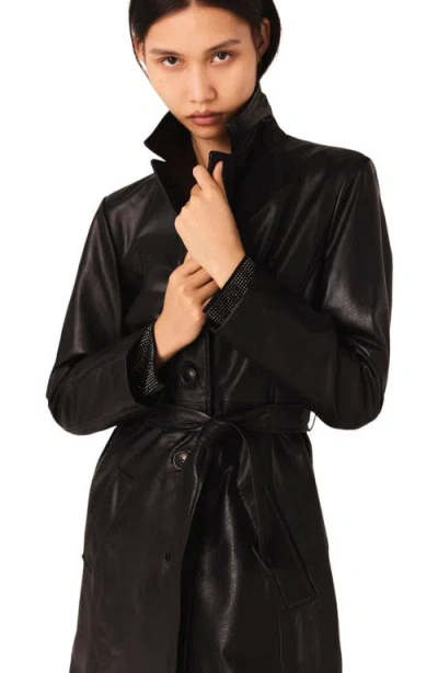 Maje Womens Long Belted-waist Leather Trench Coat Black