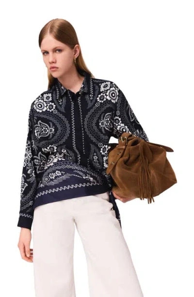 Maje Womens Navy Bandana Print Bandana-print Relaxed-fit Satin Shirt In Blue