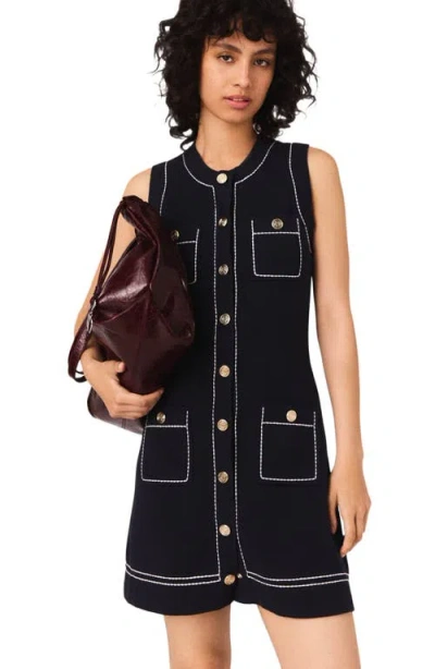Maje Womens Navy Topstitched Patch-pocket Cotton-blend Mini Dress In Blue