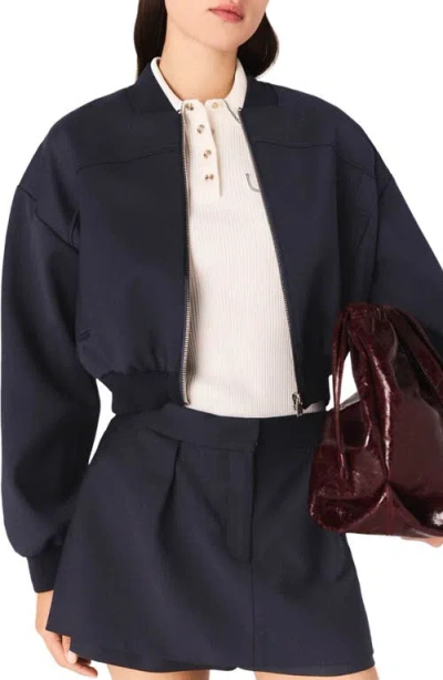 Maje Zipped Mixed Wool Bomber Jacket In Black