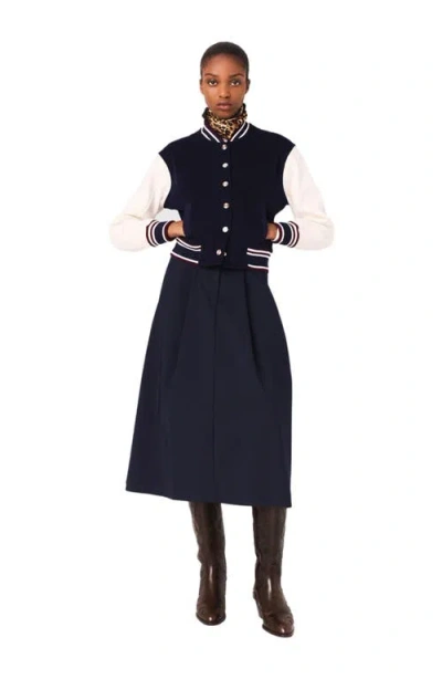 Maje Womens Navy Ribbed-collar Two-tone Wool Bomber Jacket In Black