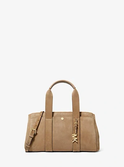 Michael Kors Romee Small Suede Satchel With Glossy Mk Logo In Brown