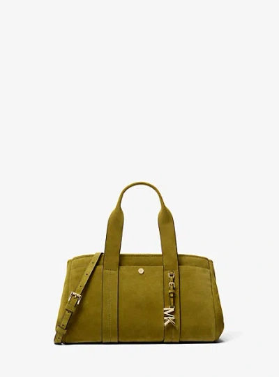 Michael Kors Romee Small Suede Satchel With Glossy Mk Logo In Green
