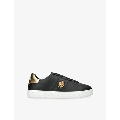 Versace Black Low Top Sneakers With Contrasting Heel With Logo Lettering And Medusa Plaque In Tech Fabric Ma In Black