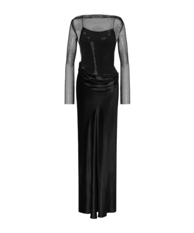 Alberta Ferretti Long Sleeve Maxi Dress With Mesh Overlay In Black