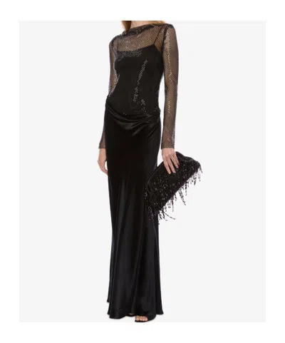 Alberta Ferretti Long Sleeve Maxi Dress With Mesh Overlay In Black