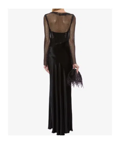 Alberta Ferretti Long Sleeve Maxi Dress With Mesh Overlay In Black