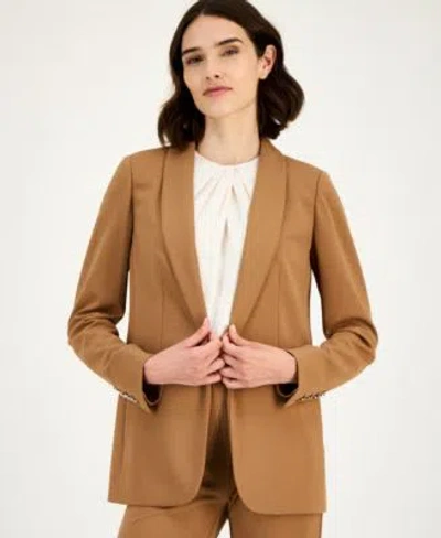 Anne Klein Womens Shawl Collar Open Front Blazer Twist Neck Sleeveless Top Hollywood Waist Pull On Pants In Brown