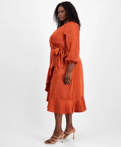 Tahari Asl Plus Size Surplice V-neck Belted Midi Dress In Orange