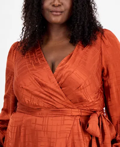 Tahari Asl Plus Size Surplice V-neck Belted Midi Dress In Orange