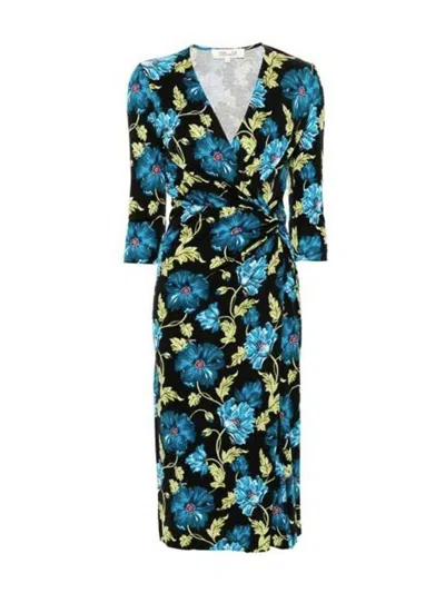 Diane Von Furstenberg Multicolor Floral Wrap Midi Dress With Elegant V-neckline In Blue
