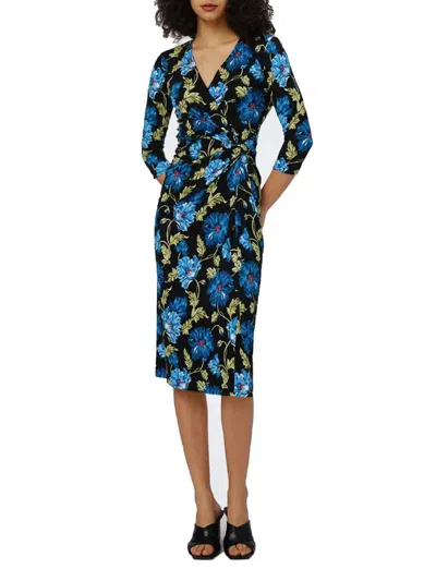 Diane Von Furstenberg Multicolor Floral Wrap Midi Dress With Elegant V-neckline In Blue