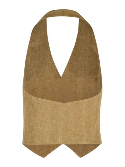 Max Mara 'sauro' Halterneck Buttoned Linen Vest In Brown