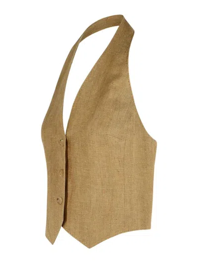 Max Mara 'sauro' Halterneck Buttoned Linen Vest In Brown