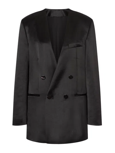 Philosophy Di Lorenzo Serafini Double-breasted Blazer With Structured Shoulders And Sheen In Black