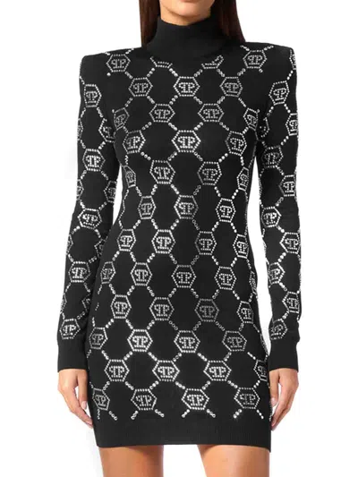 Philipp Plein Turtleneck Long Sleeves Embellished Pattern Dress In Black