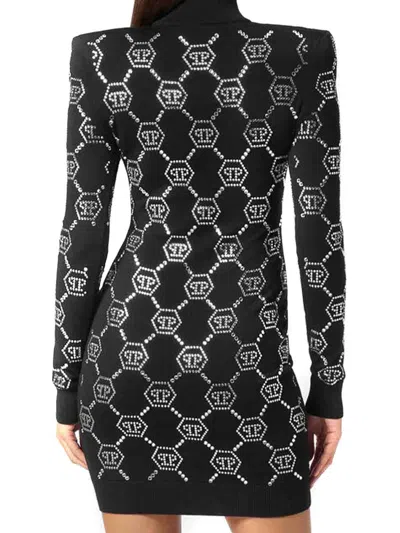 Philipp Plein Turtleneck Long Sleeves Embellished Pattern Dress In Black