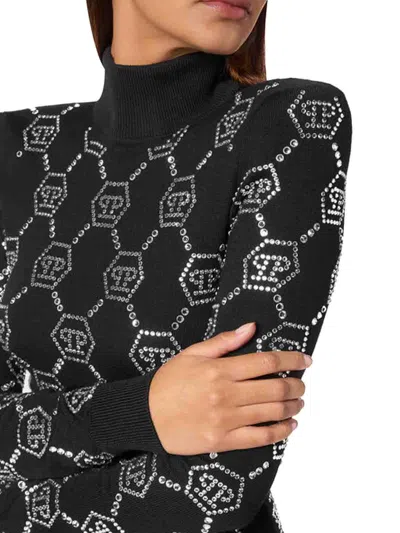 Philipp Plein Turtleneck Long Sleeves Embellished Pattern Dress In Black