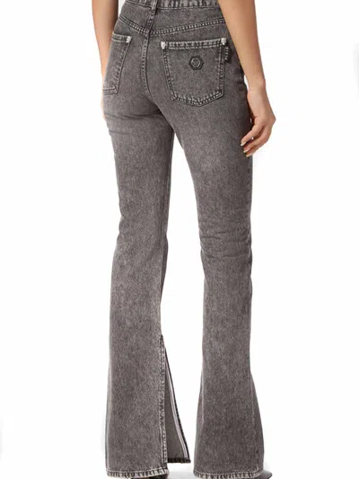 Philipp Plein Flared High-waisted Jeans With Split Hem Design In Brown