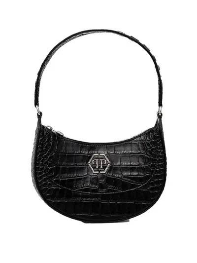 Philipp Plein Crocodile Texture Shoulder Bag With Adjustable Strap In Black