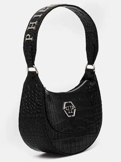 Philipp Plein Crocodile Texture Shoulder Bag With Adjustable Strap In Black