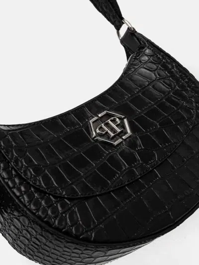 Philipp Plein Crocodile Texture Shoulder Bag With Adjustable Strap In Black