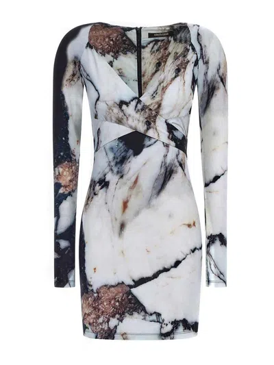 Roberto Cavalli Printed Abstract Fitted Mini V-neck Dress In Multicolor