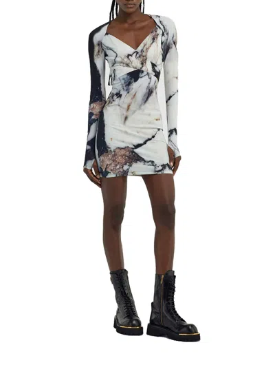 Roberto Cavalli Printed Abstract Fitted Mini V-neck Dress In Multicolor