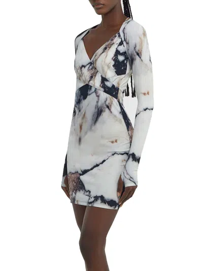 Roberto Cavalli Printed Abstract Fitted Mini V-neck Dress In Multicolor