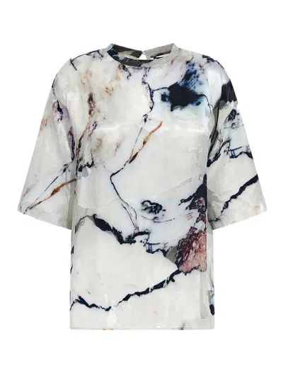 Roberto Cavalli Sheer Abstract Print Keyhole Back Tops In Multi