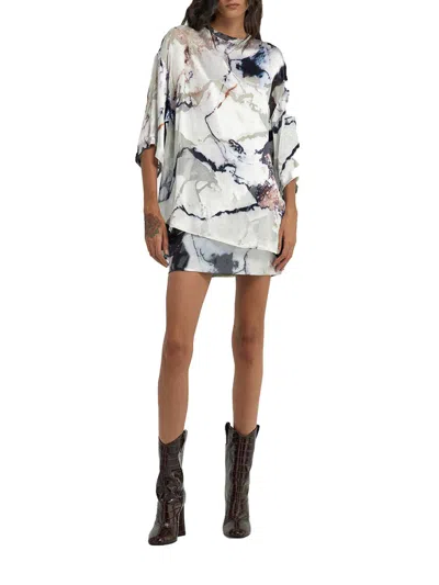 Roberto Cavalli Sheer Abstract Print Keyhole Back Tops In Multi