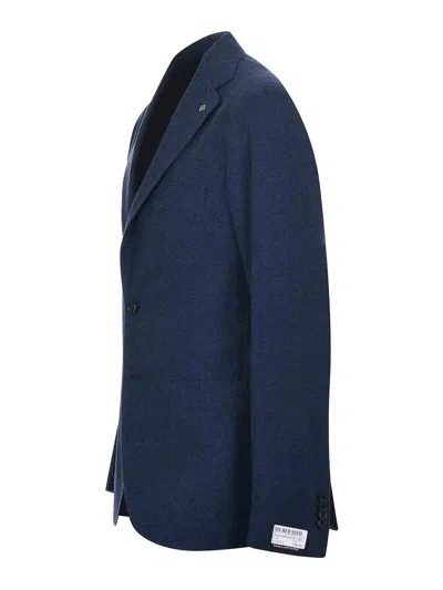 Tagliatore Blue Single-breasted Jacket With Peak Lapel In Wool And Cotton Blend Man In Blue